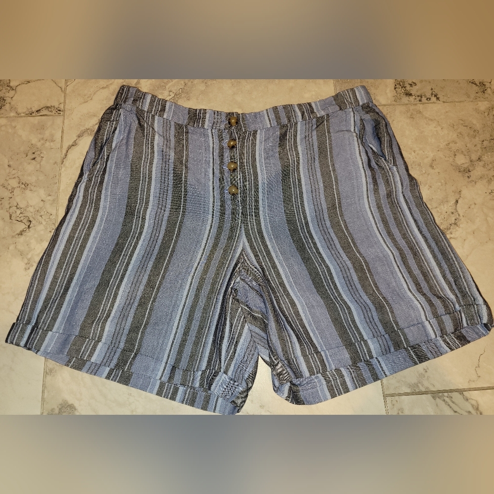 J Jill Linen Blend Blue Striped Shorts Women's Size XL